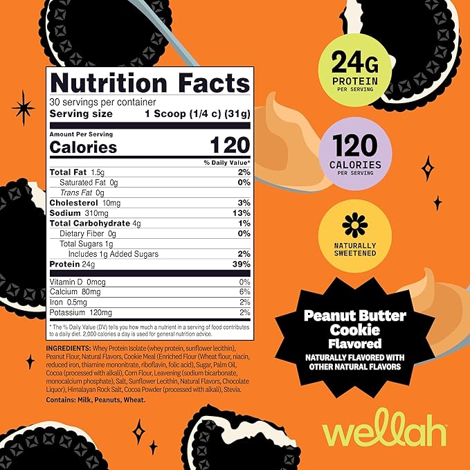Wellah Grass-Fed Whey Protein Isolate Powder (Peanut Butter Cookie) 30 Servings - 24g of Protein 120 Calories Per Serving Naturally Sweetened