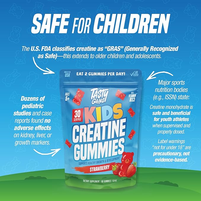 TASTY GAINS Kids Creatine Gummies with Vitamin B12 for Growth Support Kids Vitamin Gummies for Daily Nutrition Support Gummy Vitamins for Kids Easy Chew Supplement for Children