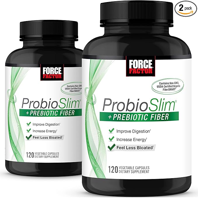 Force Factor ProbioSlim + Prebiotic Fiber Metabolism Booster for Women &amp Men Digestive Health Support Green Tea Extract and Psyllium Husk Fiber 120 Count (Pack of 2)