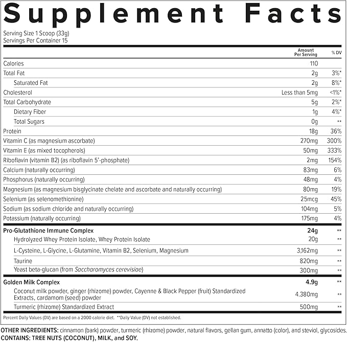 Essential Nutrition Immuno Whey - Hydrolyzed Whey Protein Powder Whey Protein Isolate 18g Protein Per Serving Amino Acids Glutathione Production - Turmeric Extract - Golden Milk - 17.4oz