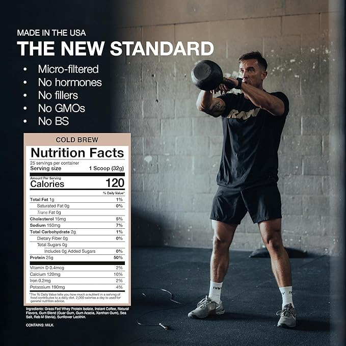 RAW Whey Isolate Protein Powder Cold Brew - 100% Grass-Fed Sports Nutrition Whey Protein Powder for Muscle Growth &amp Recovery - Low-Fat Low Carb Naturally Flavored &amp Sweetened - 25 Servings