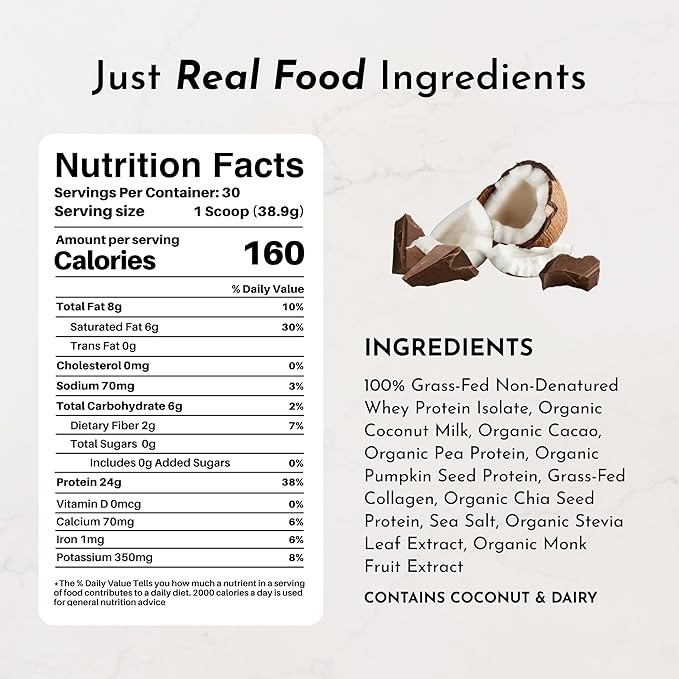 JUST INGREDIENTS Coconut Chocolate Protein Powder – 30-Serving Blend with 100% Grass-Fed Whey &amp Organic Plant Proteins – Creamy Coconut Cocoa Flavor – Supports Muscle Recovery Energy*