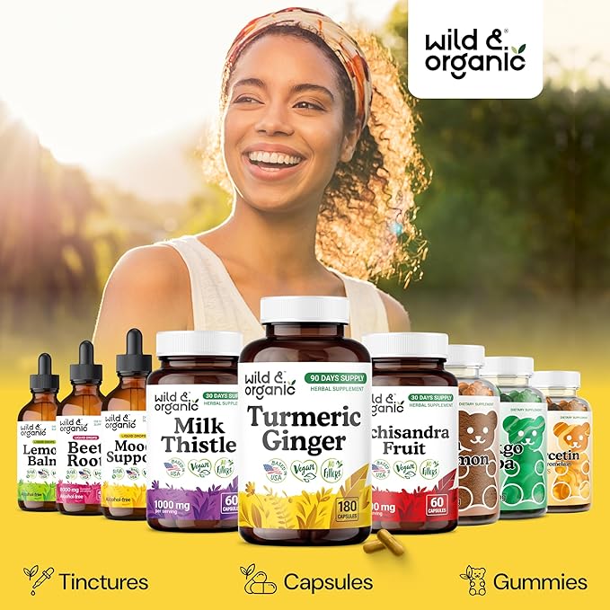 Wild &amp Organic Turmeric and Ginger Supplement Capsules - Mobility &amp Immune Support - Turmeric with Ginger and Black Pepper Capsules - 90 Days of Supply - Vegan No Fillers Non-GMO - 180 Count