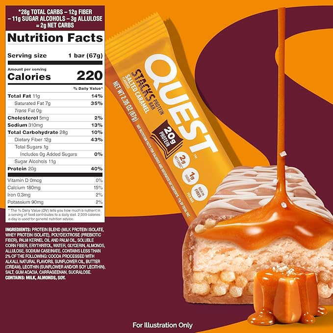 Quest Nutrition Stacks Protein Bars Salted Caramel Flavor 20g Protein 2g Net Carbs 1g Sugar High Fiber Low Sugar Gluten Free 12 Count