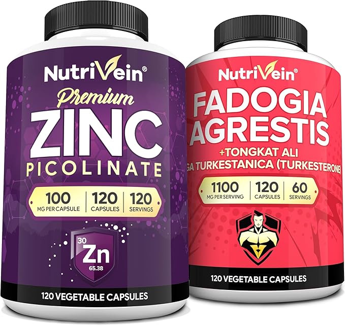 Nutrivein Premium Zinc Picolinate &amp Fadogia Agrestis and Tongkat Ali Supplement Bundle: Tongkat Ali Fadogia Agrestis &amp Zinc Picolinate Supplements for Fitness Vitality and Overall Wellness