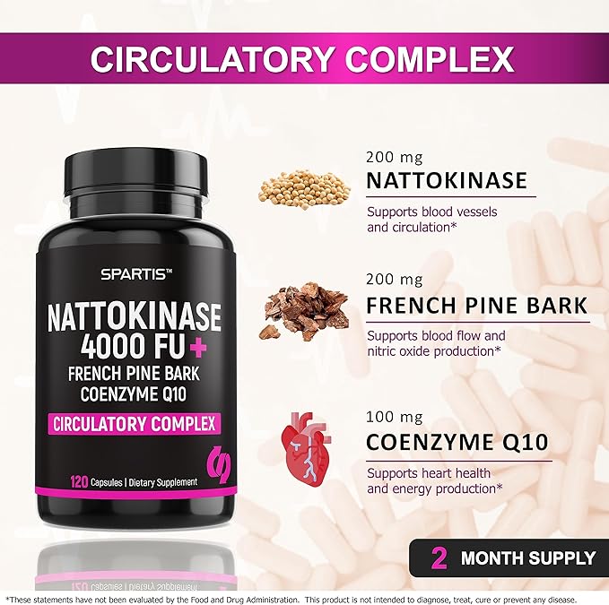 Nattokinase Supplement 4000 FU CoQ10 100mg French Maritime Pine Bark Extract 200mg with Enzymes for Circulatory &amp Cardiovascular Support (Pack of 1 at 120-Caps)