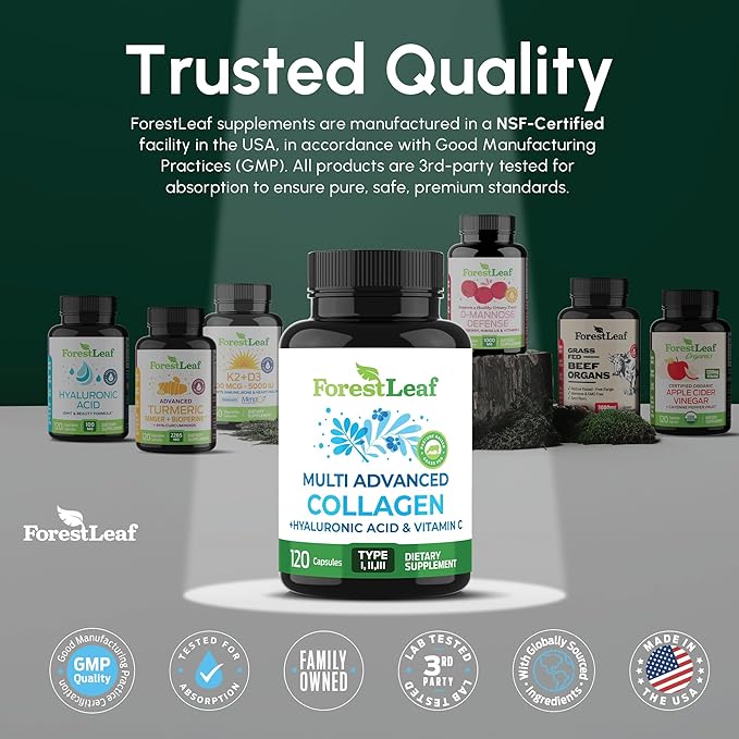 ForestLeaf Multi Collagen Pills with Hyaluronic Acid + Vitamin C | Hydrolyzed Collagen Supplements for Women or Men | Multi Collagen Capsules Peptides for Skin Wrinkles 240