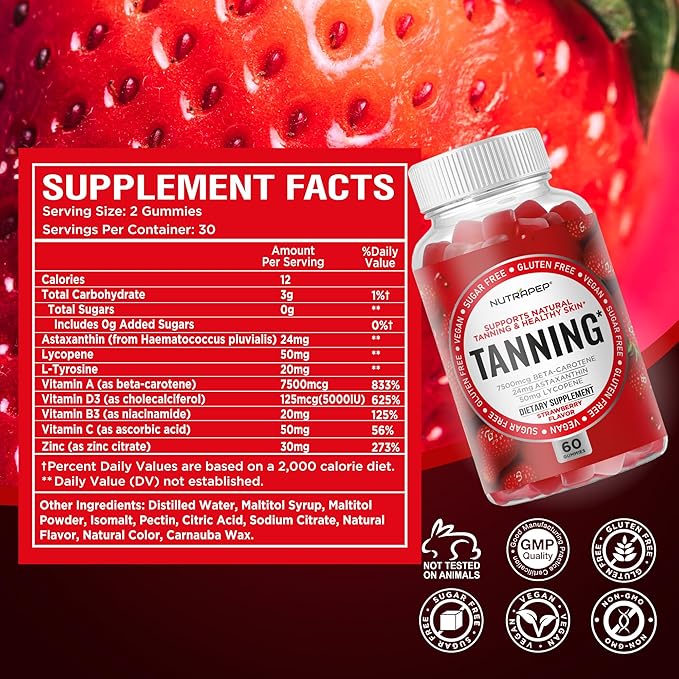 Tanning Gummies for Women - Self Tan Bronzing Supplement that Work Without Sun - No Sugar Vegan with Astaxanthin Lycopene Beta Carotene Vitamins - Glow Up Skin Health Daily Oral Tanning Chews