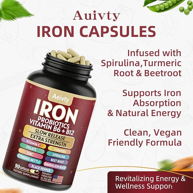 Iron Supplement with Slow Release Iron Probiotics Spirulina Turmeric Vitamin C B6 B12 Zinc &amp Folate 13-in-1 Daily Support Gentle on Stomach 60 Veggie Capsules