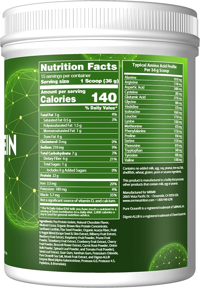 MRM Nutrition Veggie Protein with Superfoods - Chocolate Flavored Protein Powder for Women &amp Men 22g of Vegan Protein Amino Acids &amp Digestive Enzymes Gluten &amp Dairy Free - 15 Servings