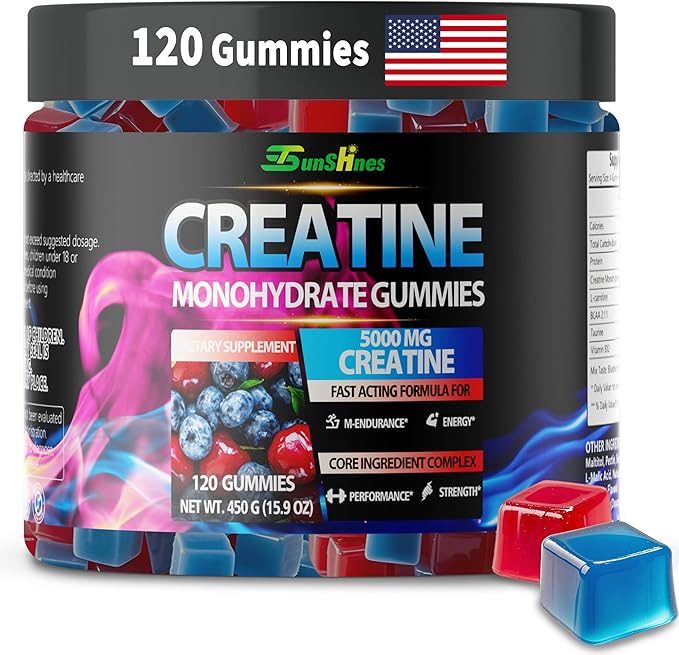 Creatine Monohydrate Gummies 5g (5000mg) Sugar-Free Creatine Pre-Workout Energy Veg Non-GMO for Men &amp Women - 120 Count Cherry Flavor with Blueberry Flavor