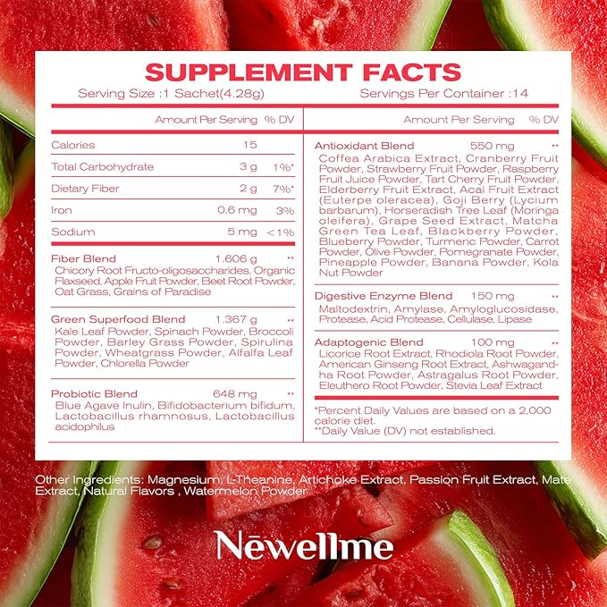 NEWELLME Watermelon Berry Powder ProbioticsPrebiotic &amp Probiotic Powder Organic Fiber Sugar Free Herbs for Bloat Gut Health Digestive Health for Men Women (28days Blueberry+Watermelon)