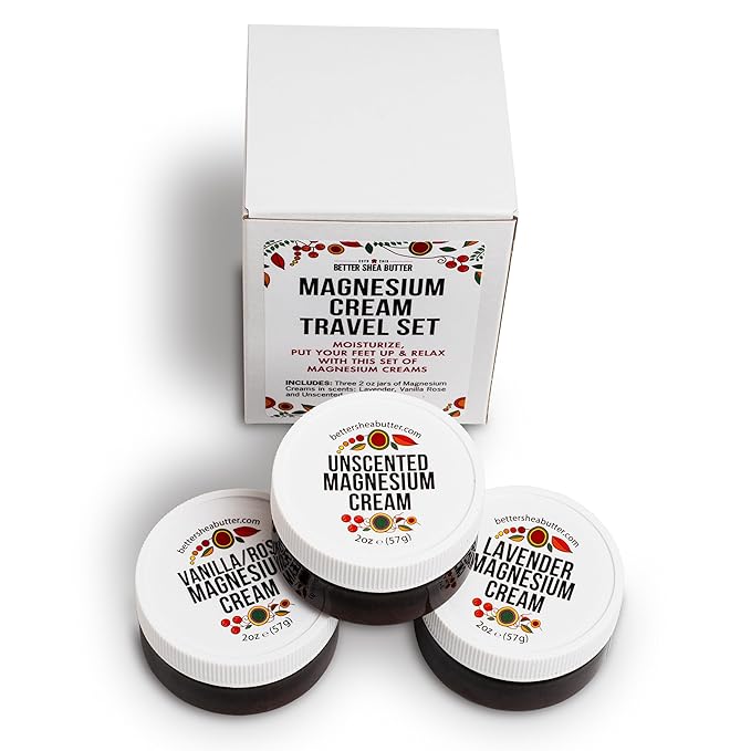 Better Shea Butter Magnesium Cream Variety Pack | for Leg Cramps | Vanilla Rose Unscented and Lavender Travel Size Lotion Minis for Women and Men | Safe for Pregnancy Kids &amp Babies 3 x 2oz Jars