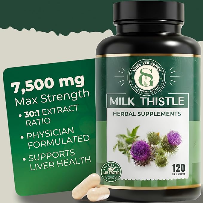 Milk Thistle Supplement 7500mg – 30X Concentrated Extract with Silymarin – High Potency Liver Detox &amp Support – 120 Vegan Capsules