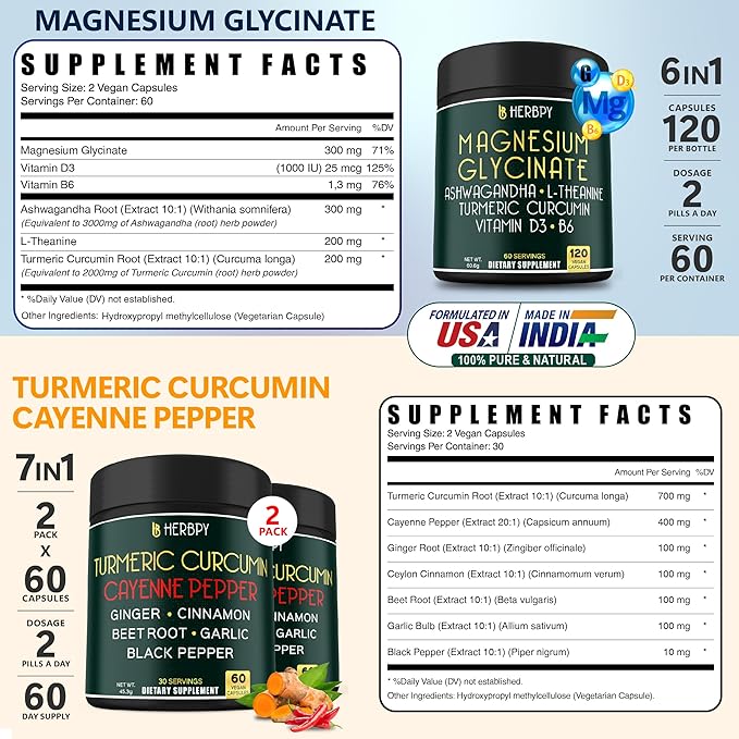 Bundle 6in1 Magnesium Glycinate Supplement &amp 2-Pack 7in1 Turmeric Curcumin Supplement