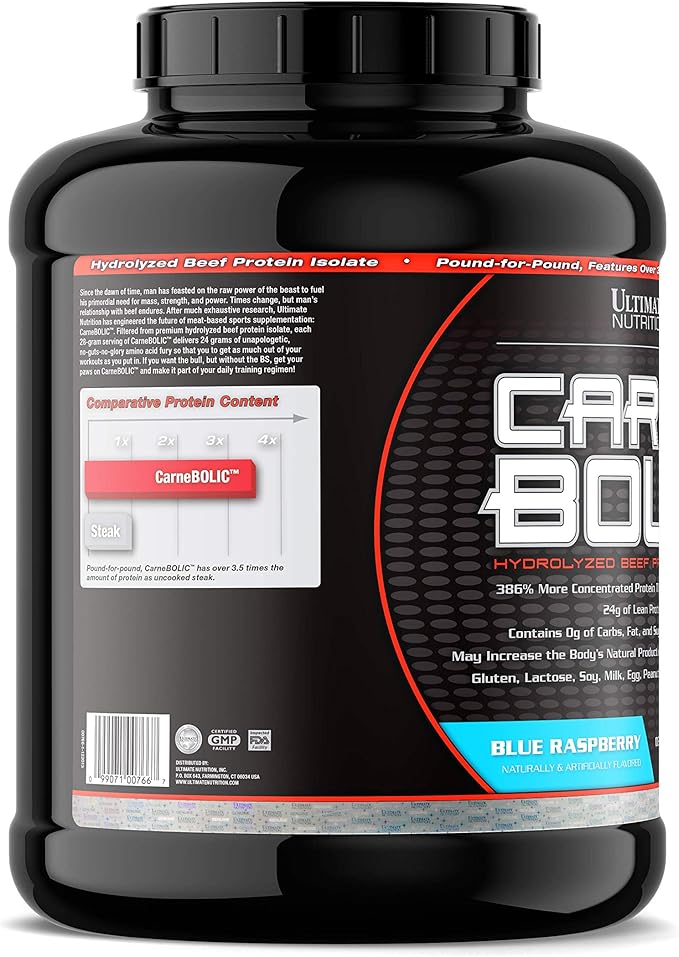 Ultimate Nutrition Carnebolic Hydrolyzed Beef Protein Isolate Powder-Paleo and Keto Friendly-Zero Carbs Zero Fat Zero Sugar or Soy Gluten and Lactose-Free Blue Raspberry 60 Servings