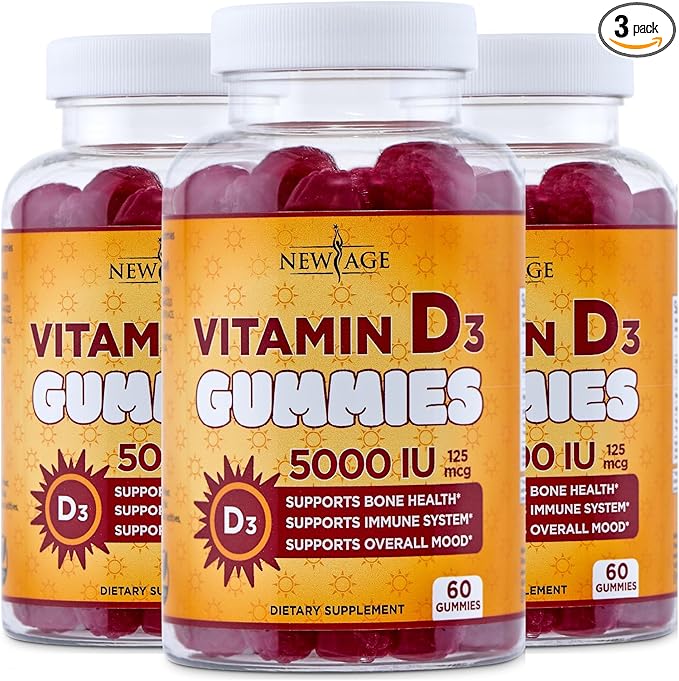 NEW AGE Vitamin D3 5000 IU 125mcg Gummies - Immune Supplement - Non-GMO Gluten-Free Dairy-Free No Gelatin (180 Gummies (Pack of 3))