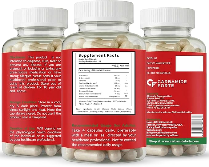 Carbamide Forte Myo Inositol &amp D Chiro Inositol Supplement | Inositol Supplements with Berberine l-Methyl Folate Vitamin D3 &amp Selenium | Ideal 40:1 Ratio - 120 Capsules