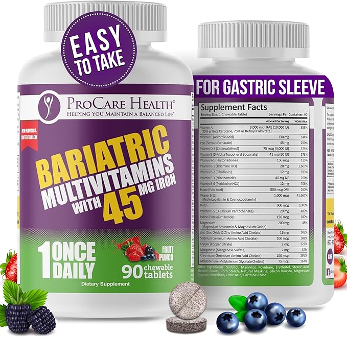 Procare Health Bariatric Multivitamin with Iron 45mg Chewable (90 Tablets) - Fruit Punch Flavor Bariatric Multivitamin Chewable Pills for Gastric Bypass &amp Sleeve Gastrectomy Patients (03 Month Sup