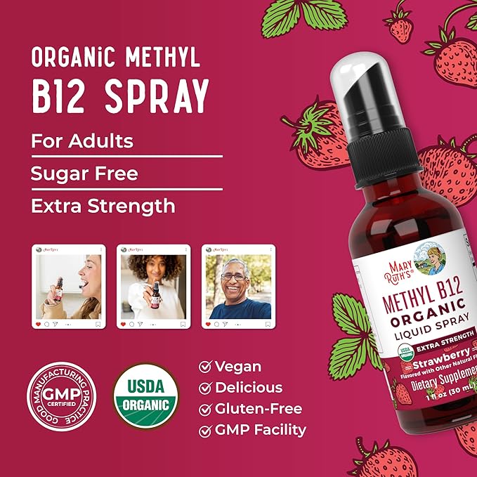 MARYRUTH'S Vitamin B12 Liquid Spray | Vegan Non-GMO Gluten-Free | USDA Organic Supplement | Energy &amp Nervous System Support | B12 Vitamins for Women &amp Men | 720 mcg | 1 Fl Oz