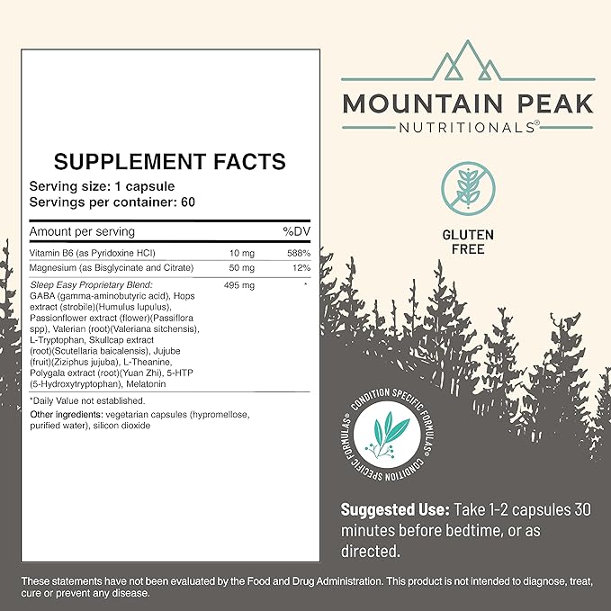 Mountain Peak Nutritionals Sleep Easy - Sleep Support Supplement Promoting A Relaxed &amp Calm Mood - 5-HTP Amino Acids Melatonin &amp Magnesium - Hypoallergenic Dietary Supplement (60 Capsules)