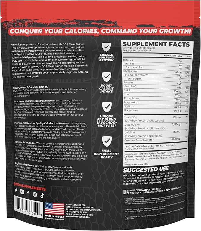 BOA Snakebite Mass Gainer Powder – 64g Protein 126g Carbs &amp 5g Creatine Per Serving – High Calorie Weight Gainer for Muscle Growth &amp Recovery – Chocolate Vanilla Cookie Butter (Vanilla)