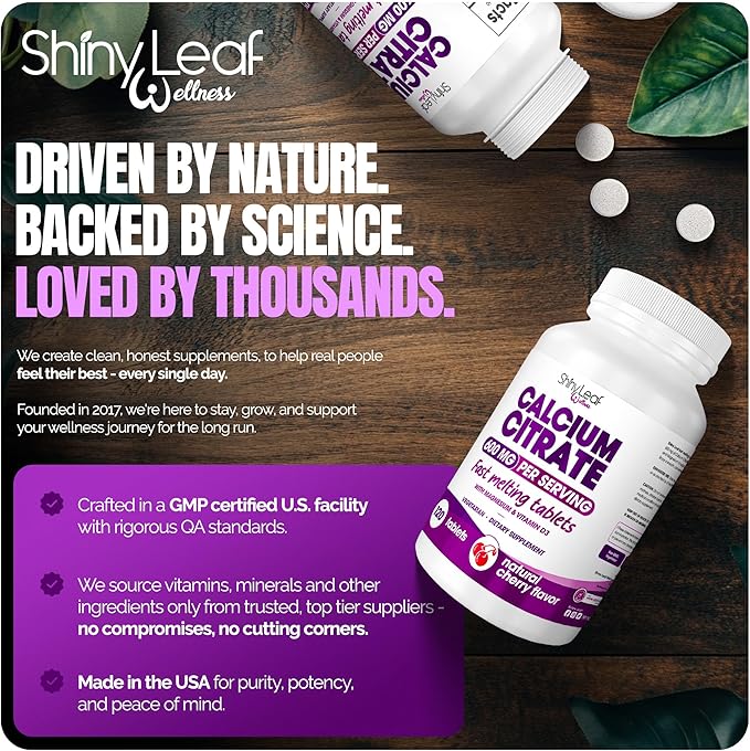 Shiny Leaf Calcium Citrate 600mg with Vitamin D3 &amp Magnesium - Fast Melting Bariatric Calcium for Post Surgery - Smooth Dissolving Non-Chalky Alternative to Chewable Chews - Cherry 120 Ct