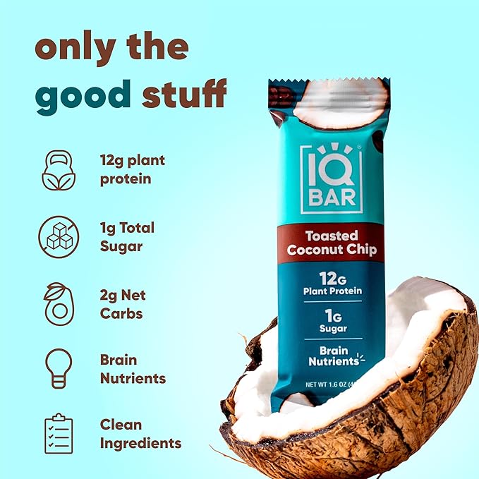 IQBAR Clean Plant Protein Bars - Toasted Coconut Chip - 36 Count - Keto Vegan High Fiber Gluten and Dairy Free Low Sugar Snack - Brain and Body Nutrients for Focus Energy Meal Replacement