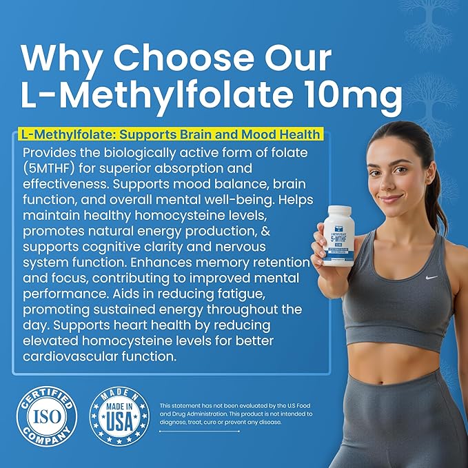 L Methylfolate 10mg | 90 Capsules | Optimized &amp Highly Bioactive Methyl Folate Supplement | 5-MTHF Supports for Energy Focus &amp Mood | Non-GMO Gluten Free Vegan | 3 Month Supply