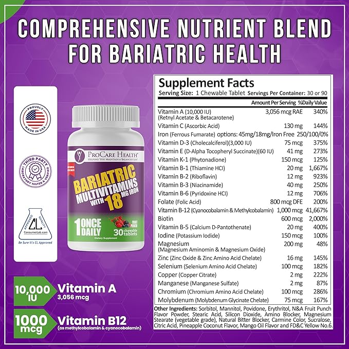 ProCare Health Bariatric Chewable Multivitamin with Iron 18mg (30 Tablets) - Fruit Punch Flavor Bariatric Multivitamin Chewable for Gastric Bypass &amp Sleeve Gastrectomy Patients* (1 Month Supply)