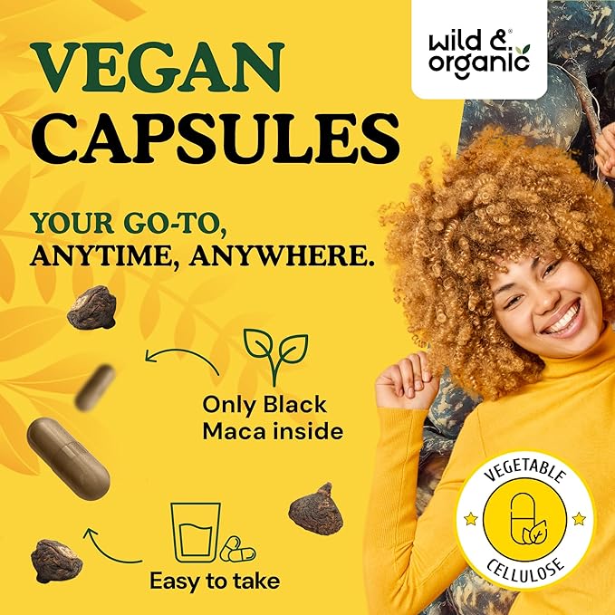 Wild &amp Organic Black Maca Root Capsules for Men &amp Women 500 mg - Maca Root Extract for Overall Support - 90 Vegan Capsules - Women &amp Men Supplement - 90 Days Supply - Non-GMO No Fillers