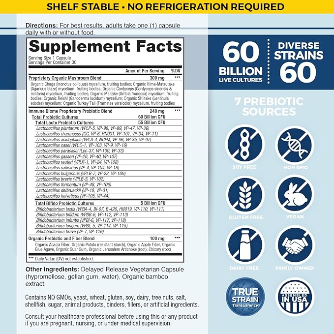Vital Planet - Vital Flora Immune Support Probiotic 60 Billion CFU 60 Diverse Strains 7 Organic Mushroom Supplement Blend with Prebiotics Shelf Stable Digestive Health Probiotics 30 Capsules