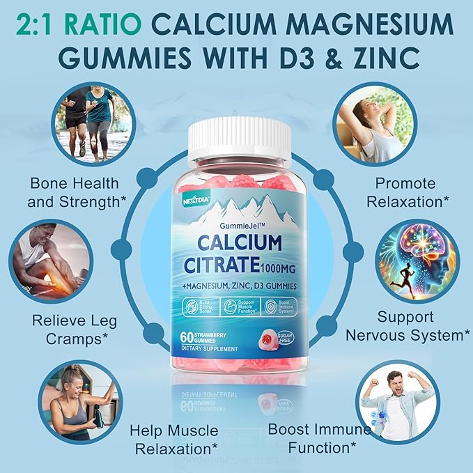 Calcium Citrate Supplement 1000mg for Women &amp Men 6-in-1 Calcium Magnesium Zinc Gummies + Vitamin D3 B6 &amp Potassium High Absorption for Bones Teeth Muscle &amp Nerve Health Vegan Sugar