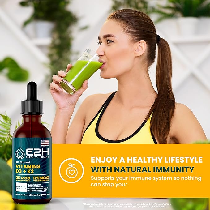 E2H EARTH TO HUMANS Vitamin D3 &amp K2 Supplement for Immune Support - Liquid Vitamin D3 5000 IU - Made in The USA | Non-GMO Vegan - (2 Bottles)