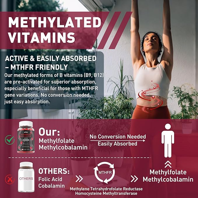 Brain &amp Mood Support Gummies Super Vitamin B Complex for Men &amp Women All B Vitamin B1 B2 B3 B5 B6 B7 Folate MethyB12 with PABA Inositol Choline Supports MTHFR Gene &amp Energy Vegan 12