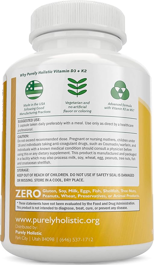 Purely Holistic Magnesium Malate 400mg + Vitamin D3 125mcg K2 MK7 90mcg - 270 Tablets &amp 150 Capsules - Vegetarian Bundle - Made in USA