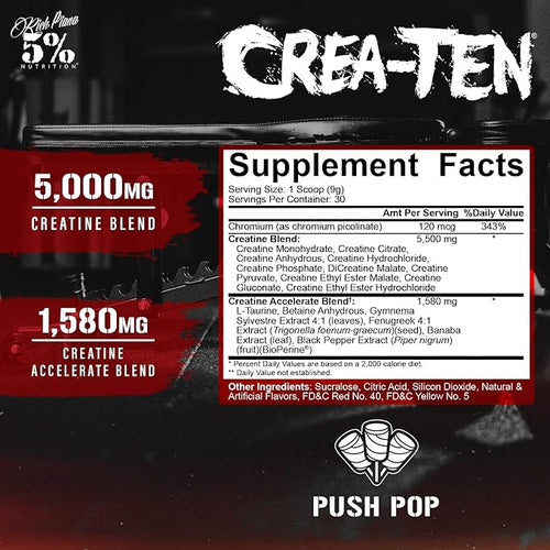 5% Nutrition CreaTEN Creatine Complex + Accelerators | Flavored Creatine Powder for Muscle Gain | Max Power Strength Endurance &amp Recovery (Push Pop)