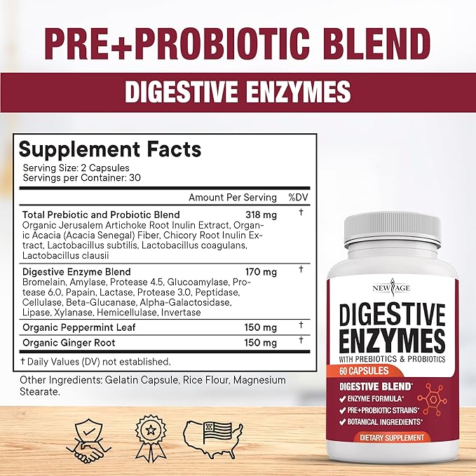 NEW AGE Digestive Enzymes for Gut Health - Probiotic Multi Enzymes with Prebiotics and Probiotics with Lipase for Women and Men for Digestive Health Daily Enzymes for Digestion - 180 Count