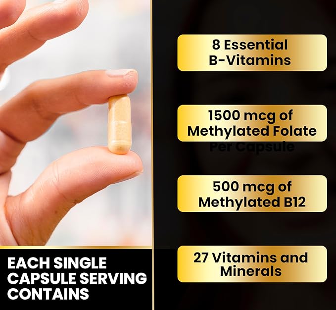 Eliixr Methylated Multivitamin 3 Month Supply 90 Capsules1500 mcg of Active Folate Methylated B12 Vitamin A C K2 D3 E Choline Biotin ALA CoQ10 B-Complex and More. Made in The USA