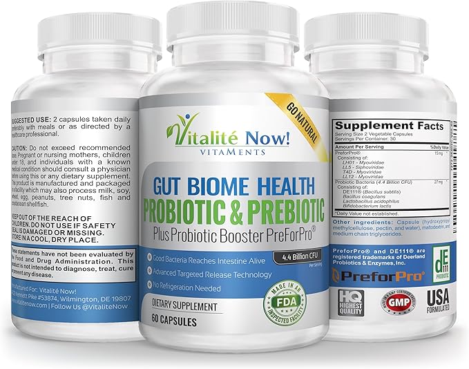 Premium Probiotic plus Ultimate Prebiotic - Gut Biome Builder &amp Restoration - 4.4 Bn CFU - Best for Women &amp Men - Bacteria Reaches Intestine within Hours - No Refrigeration - Bacillus Subtilis