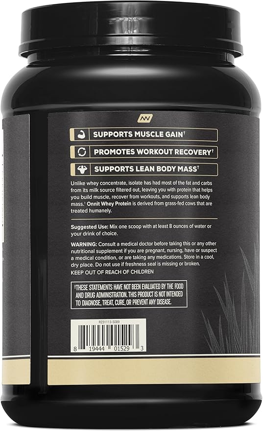 ONNIT Grass Fed Whey Isolate Protein Powder Vanilla Flavor Whey Protein Powder Dietary Supplement to Support Muscle Gain and Workout Recovery 30 Servings per Tub 30.7 oz