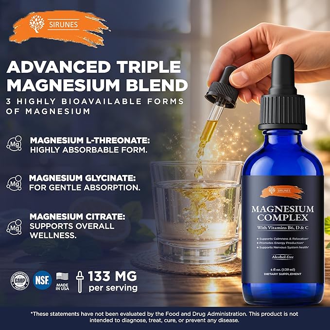SIRUNES Magnesium Complex Liquid Drops – Magnesium Supplement with Vitamins B6 D3 &amp C – Calm &amp Relaxation Support Energy Production Nervous System Wellness – Alcohol-Free Liquid Magnesium –