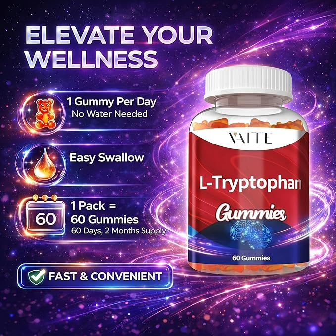 VAITE L Tryptophan 1000mg Gummies – Chewable Supplement for Positive Outlook Calm Support &amp Inner Balance 60 Vegan Gummy to Promote Restful Nights Support Mental Focus &amp Encourage Peaceful