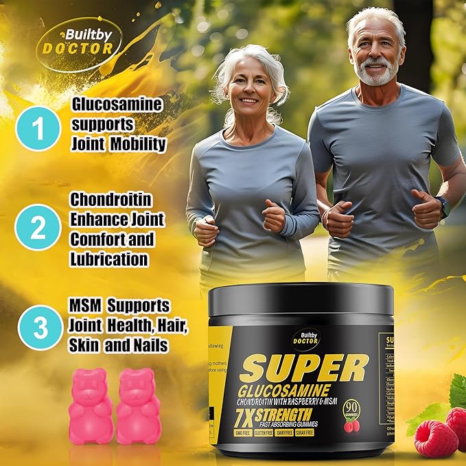 Super Glucosamine Chondroitin Gummies - Extra Strength Joint Support Supplement with MSM &amp Raspberry for Natural Joint Antioxidant Immune Support for Adults Men &amp Women-(2 Pack)