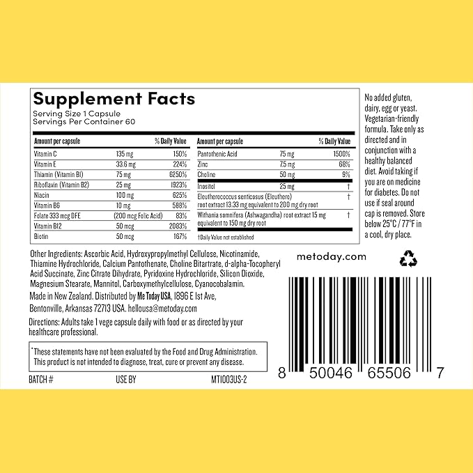 me today Energise Supplement Super B Vitamin B Complex for Men &amp Women - B6 B12 with Vitamin C Zinc Ashwagandha and Siberian Ginseng - Energy and Immune Support - Vegan 60 Servings
