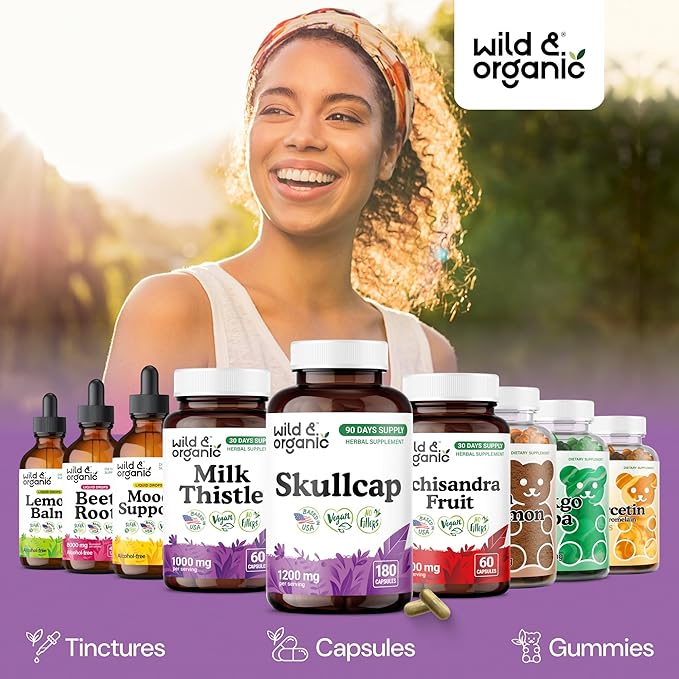 Wild &amp Organic Skullcap Herb Capsules 1200 mg - Calming Skullcap Supplement - 180 Capsules - Scutellaria Lateriflora Leaf Extract - 3-Month Supply - Vegan No Fillers Non-GMO