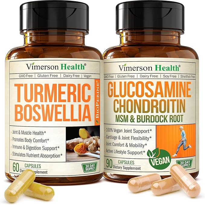 Joint Support Bundle – 2-Pack Organic Turmeric Supplement with 95% Curcuminoids + 65% Boswellia Extract Ginger Root &amp Black Pepper (BioPerine) + Vegan Glucosamine Chondroitin MSM – 60 + 90 Capsul