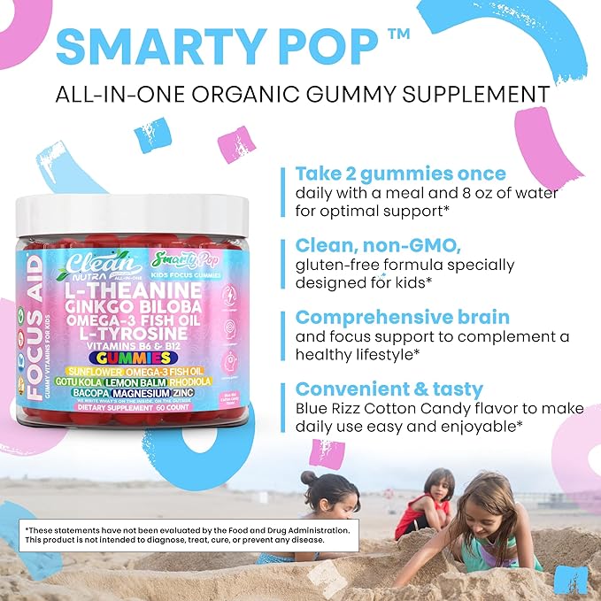 Clean Nutra Kids Focus Gummies with L-Theanine Ginkgo Biloba Omega-3 Fish Oil L-Tyrosine Vitamin B6 B12 – 60 Count Clean Label Non-GMO Vegan-Friendly SmartyPop Formula for Kids Support