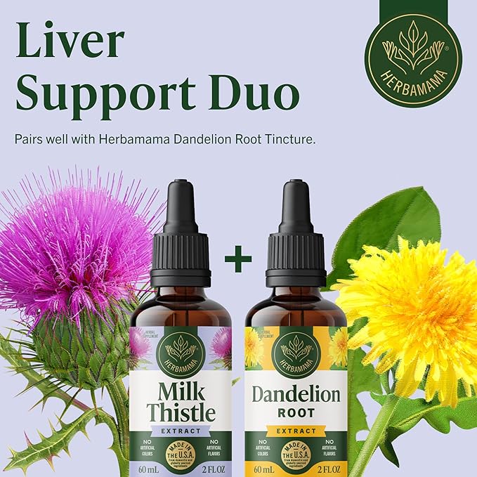 HERBAMAMA Milk Thistle Drops - Vegan Liver Support with Milk Thistle Extract Tincture - Non-GMO Alcohol &amp Sugar-Free Liver Detox and Cleanse Supplement 28-Day Supply