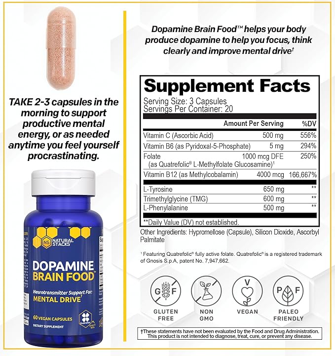 NATURAL STACKS Dopamine Brain Food + Magtech Magnesium Supplement Bundle - Supports Focus Relaxation &amp Memory* - 240 Total Capsules